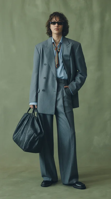 a stylish person posing confidently against a muted green studio backdrop. They are dressed in a sharp, tailored gray pi
