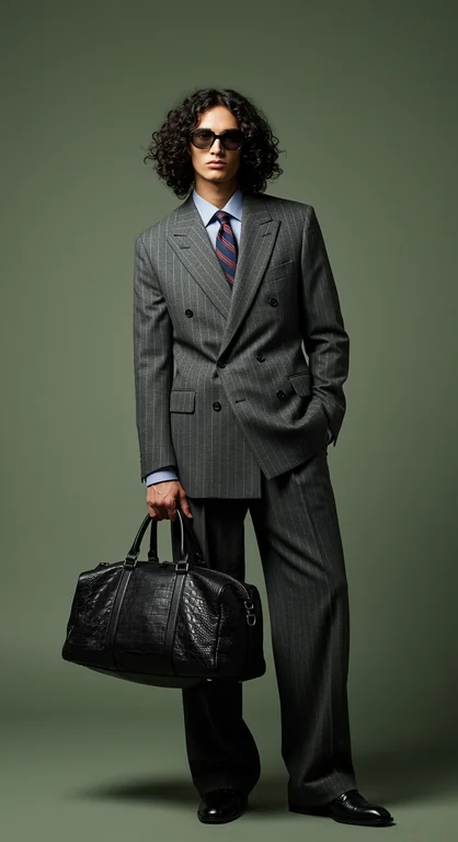 a stylish person posing confidently against a muted green studio backdrop. They are dressed in a sharp, tailored gray pi