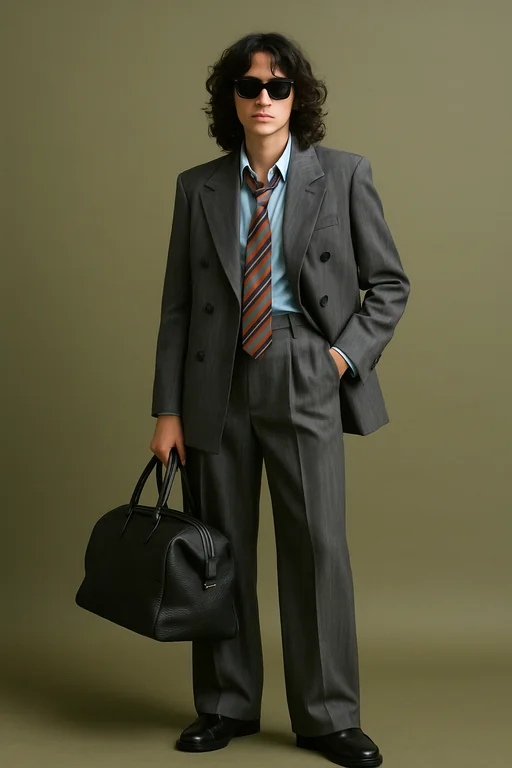 a stylish person posing confidently against a muted green studio backdrop. They are dressed in a sharp, tailored gray pi