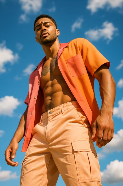 Dynamic low-angle fashion portrait of a confident young man standing outdoors under a bright blue sky with scattered clo