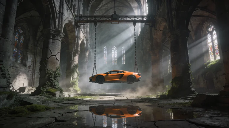 A surreal cinematic scene set inside a vast, abandoned gothic cathedral with towering stone arches, cracked walls, and t
