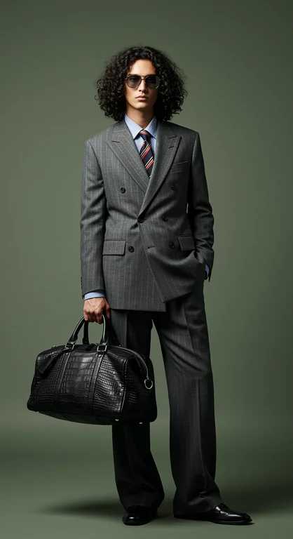 a stylish person posing confidently against a muted green studio backdrop. They are dressed in a sharp, tailored gray pi