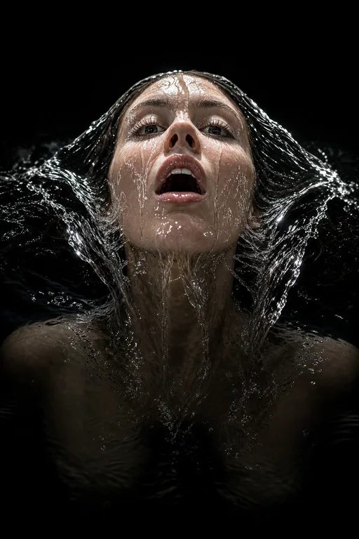 A tall 9:16 vertical portrait of a female face breaking the surface of completely black water, emerging from below, the