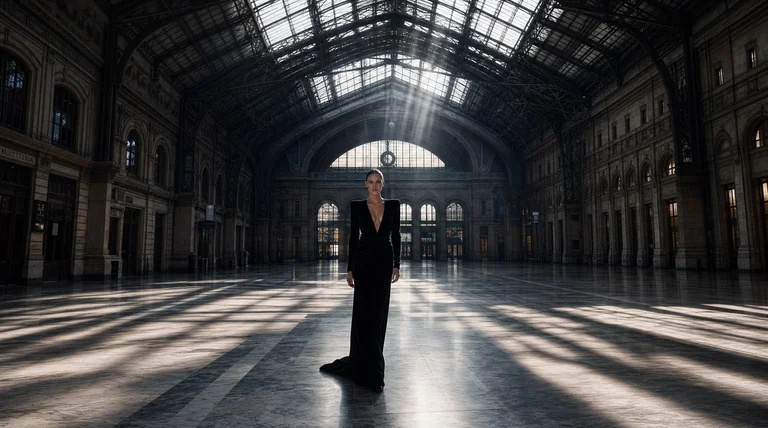 A wide cinematic 16:9 fashion campaign photograph shot inside a grand empty train station with vaulted iron and glass ce