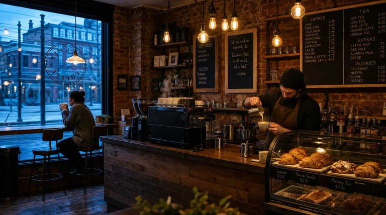 A photorealistic 16:9 wide shot inside a small independent specialty coffee shop at 7am on a weekday morning. The cafe i