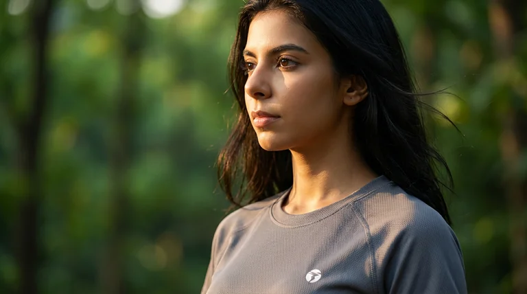 A highly detailed, cinematic close-up lifestyle portrait of [inserted image], worn by a young woman with dark hair, capt