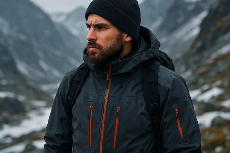 a man outdoors in a cold, mountainous environment, dressed in technical winter gear. He is wearing a dark gray waterproo