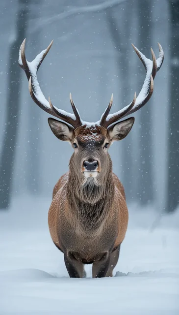 A close-up wildlife portrait of a majestic stag standing still in a snowy forest during active snowfall. The deer faces 