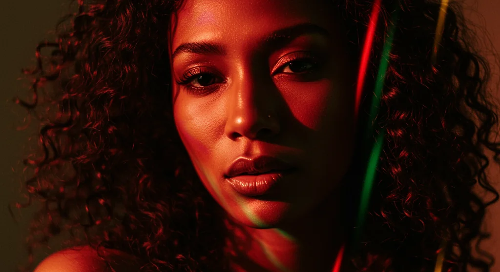 An intimate, artistic beauty portrait of a woman captured in warm, dramatic lighting, framed tightly around her face and