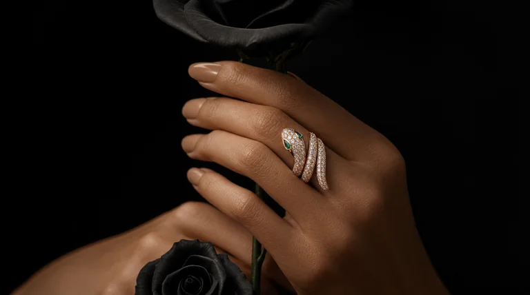 A wide 16:9 cinematic jewelry fashion editorial photograph of a female model's hands center frame, holding a single long