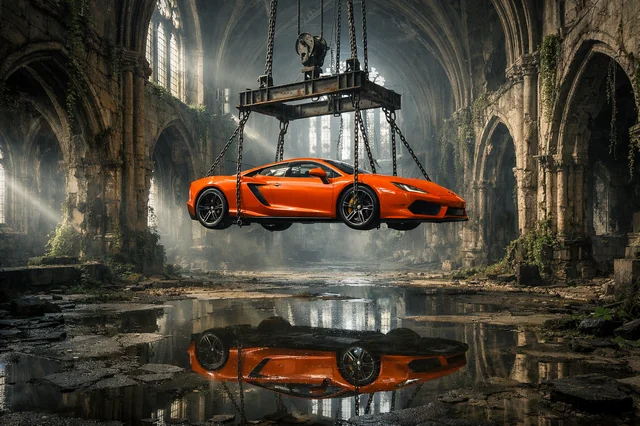 A surreal cinematic scene set inside a vast, abandoned gothic cathedral with towering stone arches, cracked walls, and t