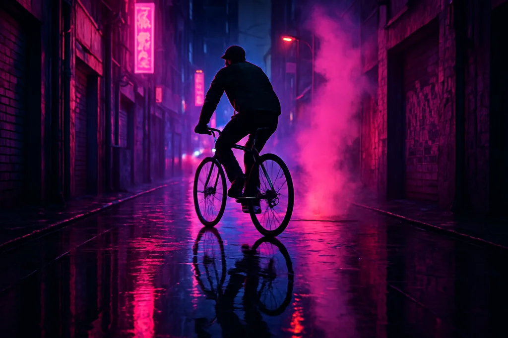 A man cycling through a neon-drenched alleyway, his reflection shimmering on slick pavement, the only sound the whir of