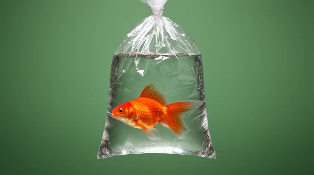 A minimalist conceptual photograph of a single goldfish suspended inside a clear plastic bag filled with water, sealed t
