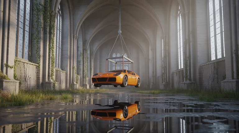 A surreal cinematic scene set inside a vast, abandoned gothic cathedral with towering stone arches, cracked walls, and t