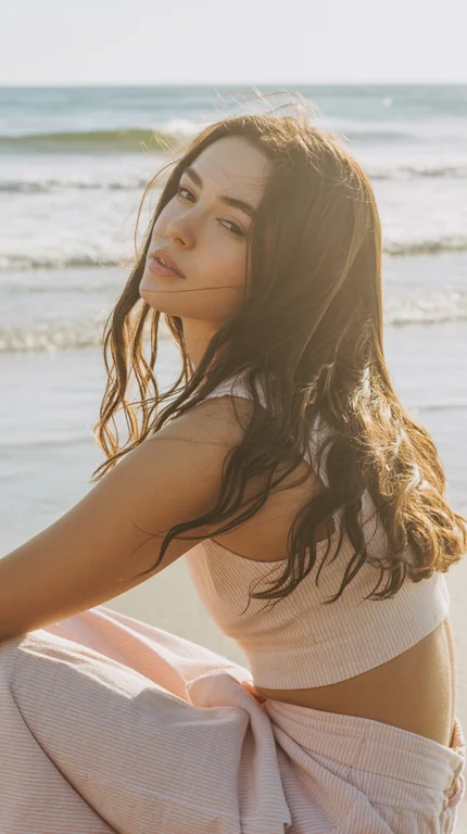 The image shows a young woman sitting on the beach, captured in a soft, sunlit scene. She has long, loose, wavy brown ha