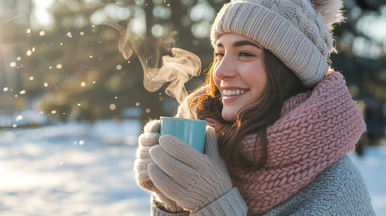 A cheerful women outdoors on a snowy day, bundled in a thick wool scarf and knit hat while sipping a steaming cup of cof