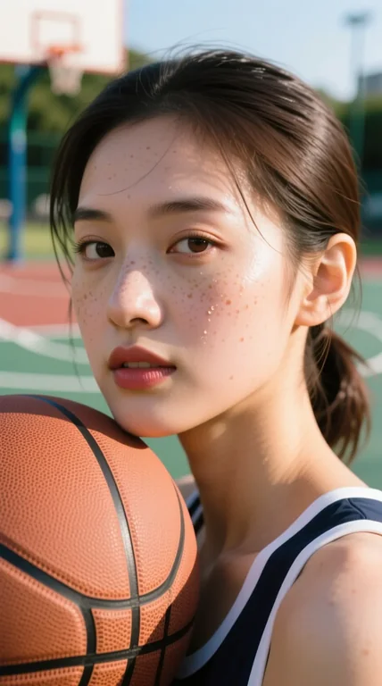 A close-up portrait of a young woman on an outdoor basketball court, bathed in warm natural sunlight. She has dewy, glow