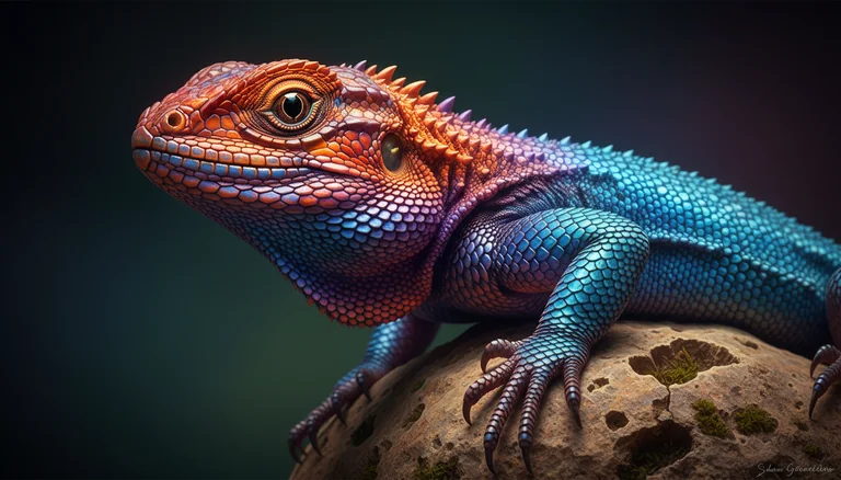 A striking close-up portrait of a vividly colored lizard perched on a textured rock, captured at eye level with shallow 