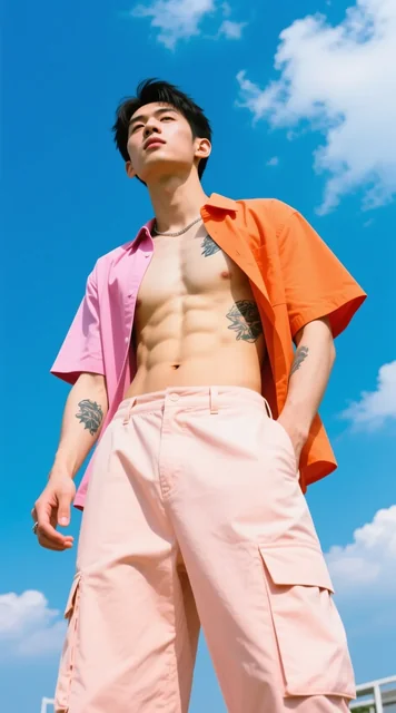Dynamic low-angle fashion portrait of a confident young man standing outdoors under a bright blue sky with scattered clo