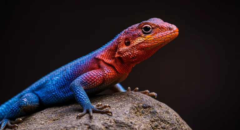 A striking close-up portrait of a vividly colored lizard perched on a textured rock, captured at eye level with shallow 