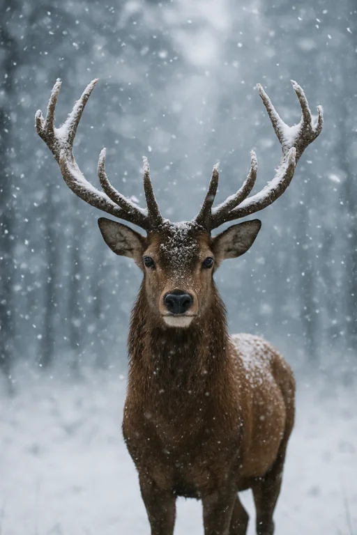 A close-up wildlife portrait of a majestic stag standing still in a snowy forest during active snowfall. The deer faces 