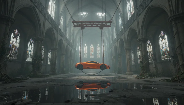 A surreal cinematic scene set inside a vast, abandoned gothic cathedral with towering stone arches, cracked walls, and t
