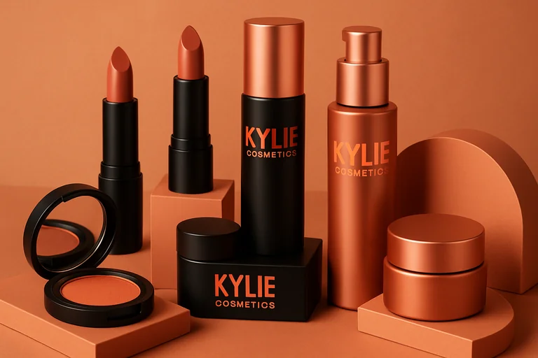a visually striking arrangement of luxury makeup products with brand name Kylie Cosmetics displayed against a warm, mono