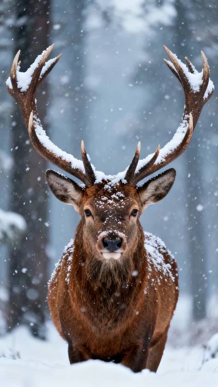 A close-up wildlife portrait of a majestic stag standing still in a snowy forest during active snowfall. The deer faces 