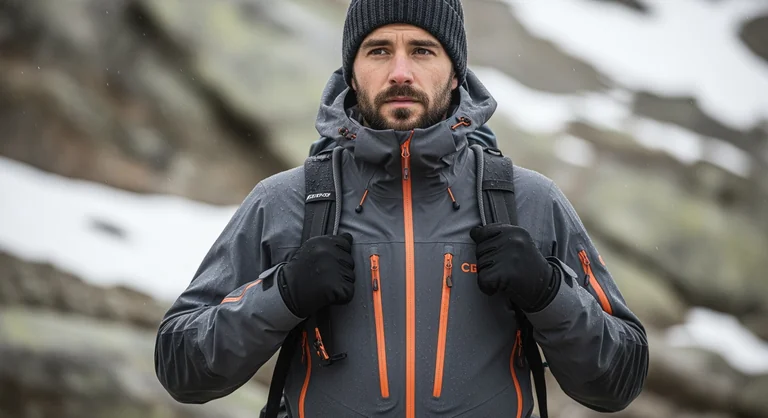 a man outdoors in a cold, mountainous environment, dressed in technical winter gear. He is wearing a dark gray waterproo