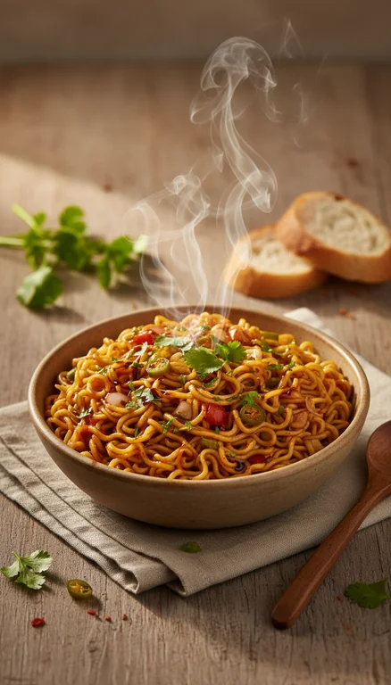 A steaming bowl of freshly prepared Maggi noodles with curly, golden-yellow strands glistening under warm ambient light.
