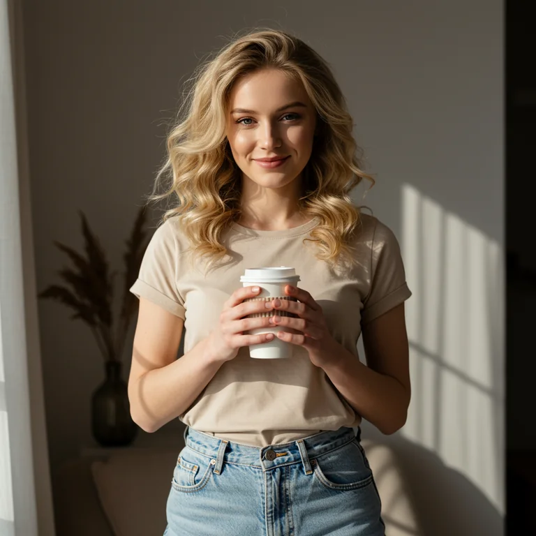 Natural lifestyle portrait of a young woman with wavy blonde hair, wearing a simple beige t-shirt and light denim jeans,