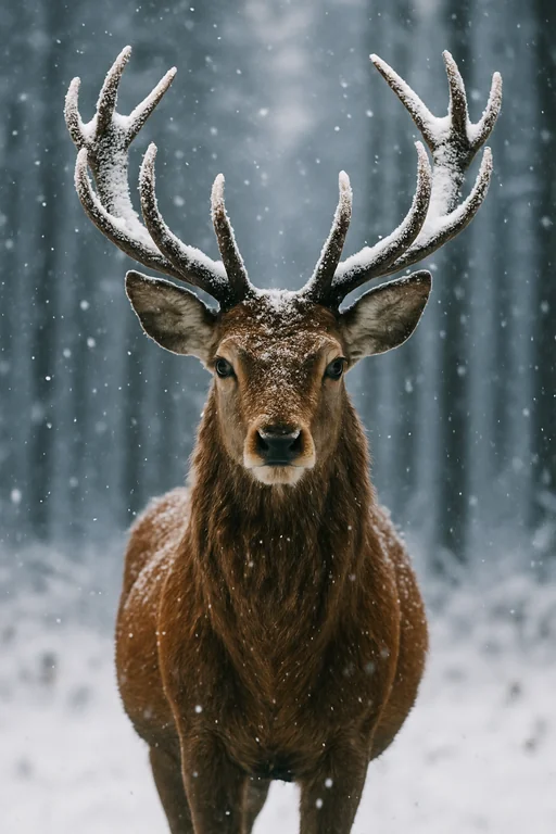 A close-up wildlife portrait of a majestic stag standing still in a snowy forest during active snowfall. The deer faces