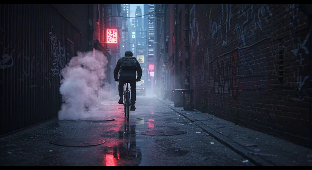 A man cycling through a neon-drenched alleyway, his reflection shimmering on slick pavement, the only sound the whir of