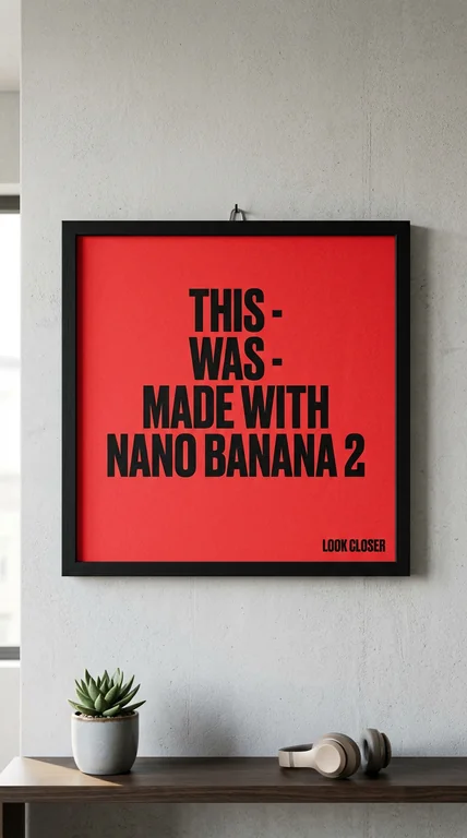 Minimalist red poster with bold black text reading 'This - was - made with Nano Banana 2' and 'LOOK CLOSER' in the corne