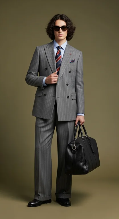 a stylish person posing confidently against a muted green studio backdrop. They are dressed in a sharp, tailored gray pi