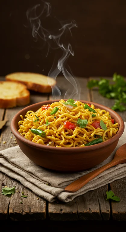 A steaming bowl of freshly prepared Maggi noodles with curly, golden-yellow strands glistening under warm ambient light.