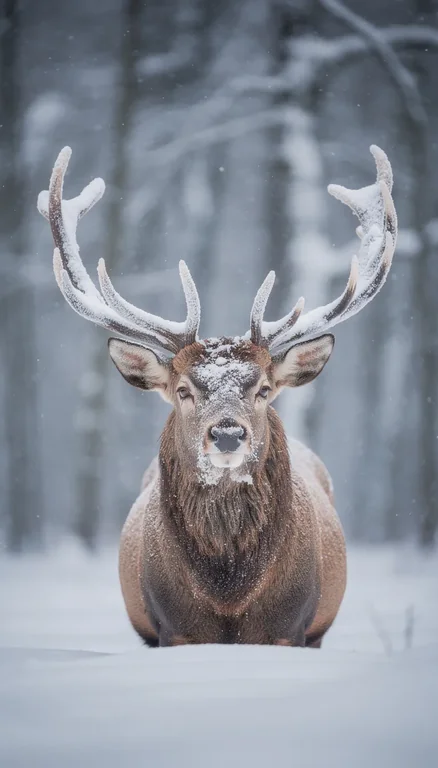 A close-up wildlife portrait of a majestic stag standing still in a snowy forest during active snowfall. The deer faces 