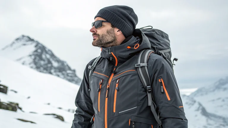 a man outdoors in a cold, mountainous environment, dressed in technical winter gear. He is wearing a dark gray waterproo