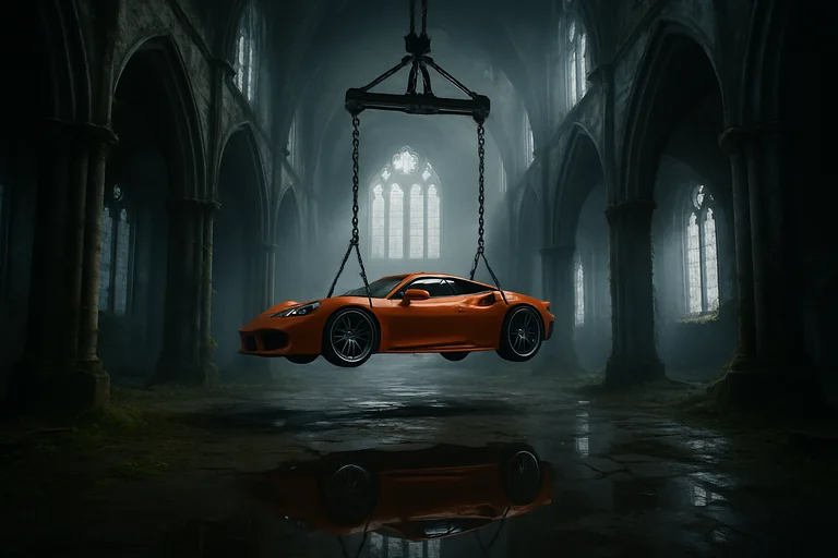 A surreal cinematic scene set inside a vast, abandoned gothic cathedral with towering stone arches, cracked walls, and t