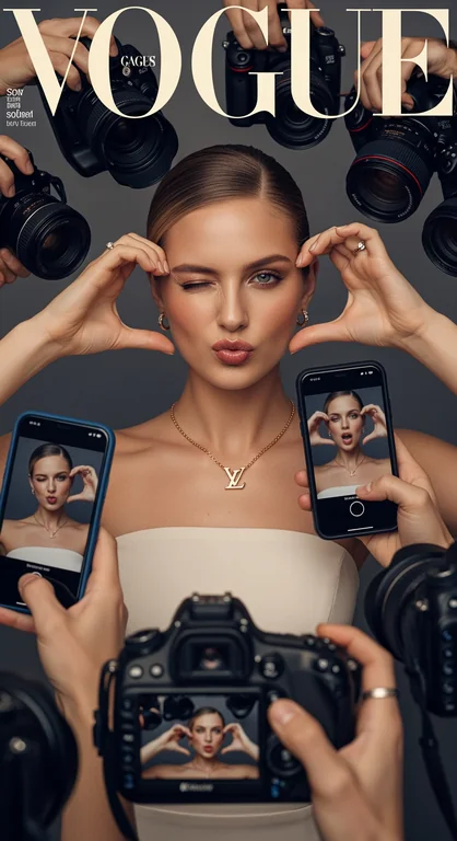 a realistic Vogue magazine cover–style fashion portrait using the uploaded face as the original face reference (100% fac