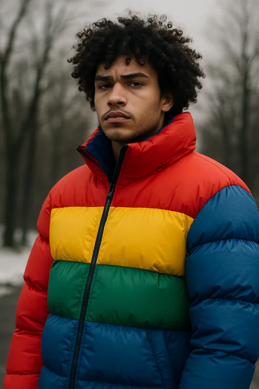 Fashion portrait of a young man outdoors in winter, wearing a bold, multi-colored puffer jacket with bright red, yellow, green, and blue panels. He has curly hair and a serious, confident expression, gazing slightly past the camera. The background is blurred with bare winter trees and overcast skies, creating a moody, cold-season atmosphere that contrasts with the vivid jacket colors. Shot in high resolution with soft natural lighting and shallow depth of field for a crisp, editorial look