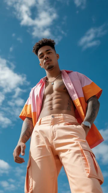 Dynamic low-angle fashion portrait of a confident young man standing outdoors under a bright blue sky with scattered clo