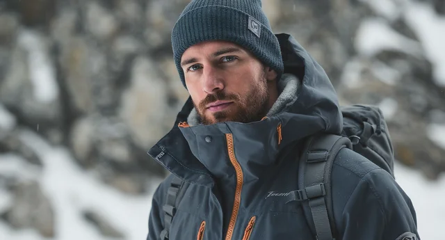 a man outdoors in a cold, mountainous environment, dressed in technical winter gear. He is wearing a dark gray waterproo