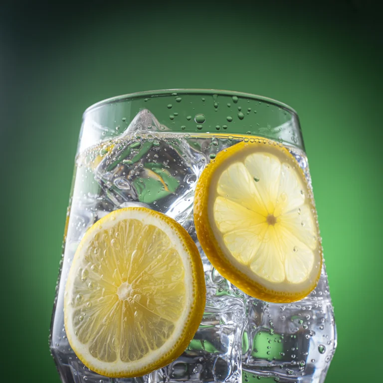Close-up of a glass of sparkling soda with ice cubes and lemon slices, condensation dripping down the surface, refreshin