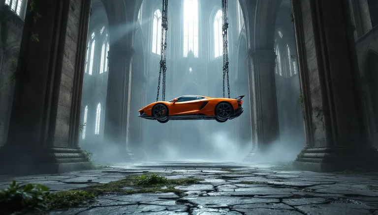 A surreal cinematic scene set inside a vast, abandoned gothic cathedral with towering stone arches, cracked walls, and t