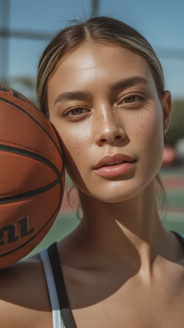 A close-up portrait of a young woman on an outdoor basketball court, bathed in warm natural sunlight. She has dewy, glow