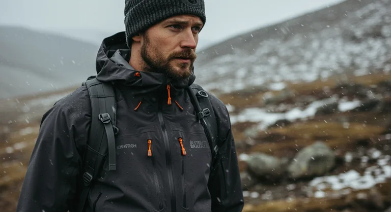 a man outdoors in a cold, mountainous environment, dressed in technical winter gear. He is wearing a dark gray waterproo