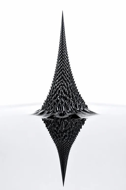 Extreme close-up macro photograph of a ferrofluid spike formation at 4:1 magnification, a single perfect conical spike o