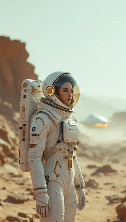 A cinematic portrait of a woman astronaut standing on the rocky surface of a distant planet, beneath a pale sky tinted w