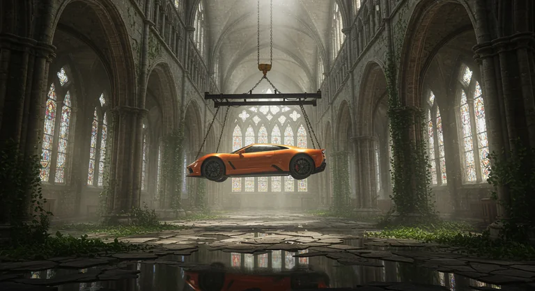 A surreal cinematic scene set inside a vast, abandoned gothic cathedral with towering stone arches, cracked walls, and t